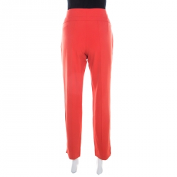 Pre Owned Escada Coral Orange Stretch Crepe Logo Buckle Detail Pants M