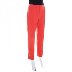 Pre Owned Escada Coral Orange Stretch Crepe Logo Buckle Detail Pants M