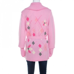 Escada Pink Cashmere Argyle Embroidered Detail Belted Cardigan L