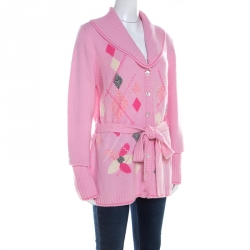 Escada Pink Cashmere Argyle Embroidered Detail Belted Cardigan L