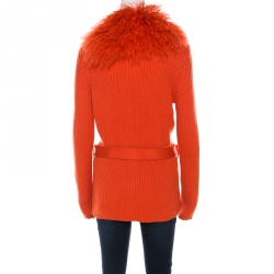 Escada Orange Silk Wool Detachable Fuzzy Collar Detail Belted Cardigan L