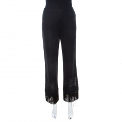 Escada Black Stretch Knit Fringed Hem Elasticized Waist Pants M 