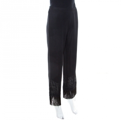 Escada Black Stretch Knit Fringed Hem Elasticized Waist Pants M 