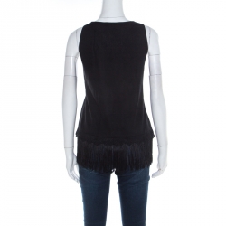 Escada Black Stretch Knit Fringed Hem Sleeveless Top M 