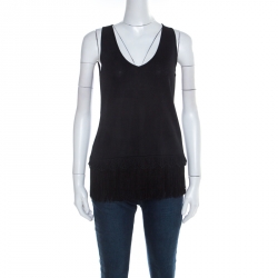 Escada Black Stretch Knit Fringed Hem Sleeveless Top M 