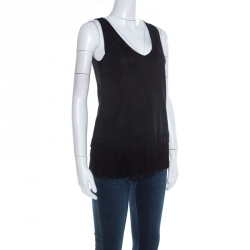 Escada Black Stretch Knit Fringed Hem Sleeveless Top M 