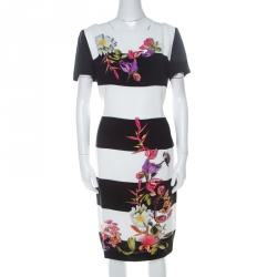 Monochrome Floral Print Wide Striped Crepe Dkantus Shift Dress