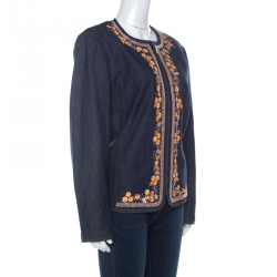 Pre Owned Escada Blue Denim Floral Embroidery Embellished Detail Zipped Jacket XL