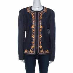 Pre Owned Escada Blue Denim Floral Embroidery Embellished Detail Zipped Jacket XL