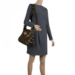 Pre Owned Escada Olive Green Distressed Patent Leather Crossbody Bag