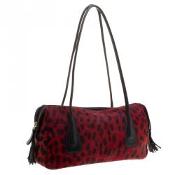 Pre Owned Escada Red/Black Leopard Print Calfhair and Leather Shoulder Bag