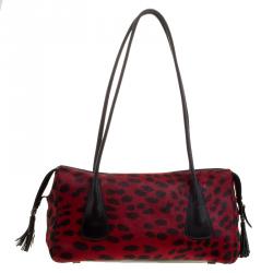 Pre Owned Escada Red/Black Leopard Print Calfhair and Leather Shoulder Bag