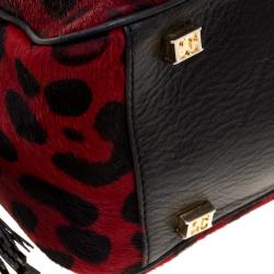 Pre Owned Escada Red/Black Leopard Print Calfhair and Leather Shoulder Bag