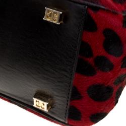 Pre Owned Escada Red/Black Leopard Print Calfhair and Leather Shoulder Bag