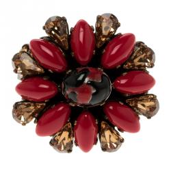 Pre Owned Etro Red Cabochon & Crystal Flower Ring Size 54.5
