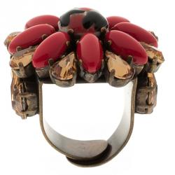 Pre Owned Etro Red Cabochon & Crystal Flower Ring Size 54.5
