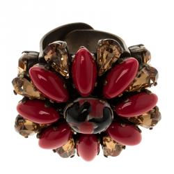Pre Owned Etro Red Cabochon & Crystal Flower Ring Size 54.5