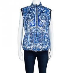 Pre Owned Etro Blue Paisley Printed Quilted Puffer Vest L