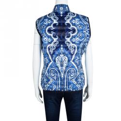 Pre Owned Etro Blue Paisley Printed Quilted Puffer Vest L