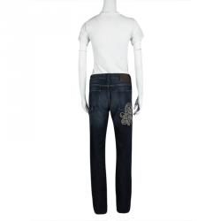Pre Owned Etro Indigo Dark Wash Faded Effect Denim Patchwork Detail Distressed Jeans L