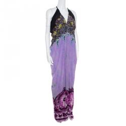 Pre Owned Etro Lavender and Black Floral Printed Sleeveless Draped Maxi Dress L