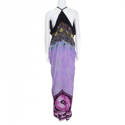 Pre Owned Etro Lavender and Black Floral Printed Sleeveless Draped Maxi Dress L
