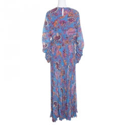 Pre Owned فستان ماكسي إيترو حرير مبطن بطيات أزرق مورد L