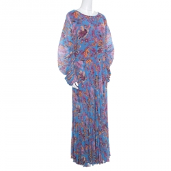 Pre Owned فستان ماكسي إيترو حرير مبطن بطيات أزرق مورد L