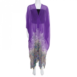 Etro Purple Paisley Border Printed Sheer Silk Maxi Kaftan ( One Size )