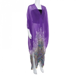 Etro Purple Paisley Border Printed Sheer Silk Maxi Kaftan ( One Size )
