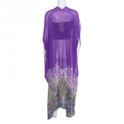 Etro Purple Paisley Border Printed Sheer Silk Maxi Kaftan ( One Size )