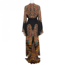 Pre Owned فستان سهرة إيترو حرير دمشقي أسود مطبوع دانتيل مزين رقبة حرف V مقاس L