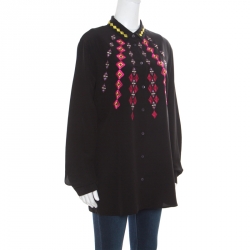 Pre Owned قميص إيترو كريب دو شين حرير أسود مطرز بأكمام طويلة L