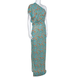 Pre Owned Etro Orange & Teal Paisley Printed Jersey One Shoulder Dress L 