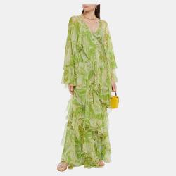 Pre Owned Etro Green Printed Silk Ruffled Maxi Dress M (IT 44)
