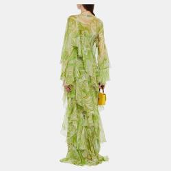 Pre Owned Etro Green Printed Silk Ruffled Maxi Dress M (IT 44)