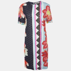 Multicolor Floral Print Embroidered Crepe Shift Dress