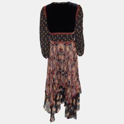 Pre Owned Etro Multicolor Print Silk and Velvet Asymmetrical Midi Dress L