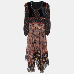 Pre Owned Etro Multicolor Print Silk and Velvet Asymmetrical Midi Dress L