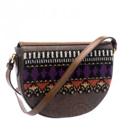 Etro Brown Paisley Coated Canvas Crochet Detail Shoulder Bag
