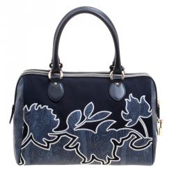 Pre Owned Etro Navy Blue Paisley Embroidered Coated Canvas Satchel