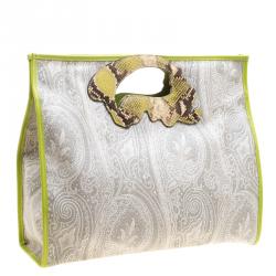 Pre Owned Etro Grey/Green Paisley Coated Canvas Python Embossed Detail Bag