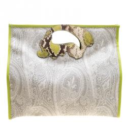 Pre Owned Etro Grey/Green Paisley Coated Canvas Python Embossed Detail Bag