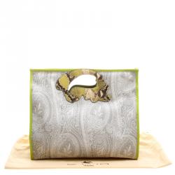 Pre Owned Etro Grey/Green Paisley Coated Canvas Python Embossed Detail Bag