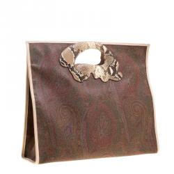 Etro Brown/Beige Paisley Coated Canvas Python Embossed Detail Bag