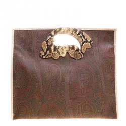 Etro Brown/Beige Paisley Coated Canvas Python Embossed Detail Bag