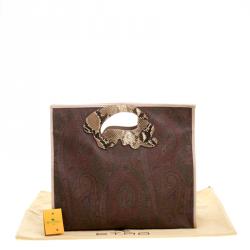 Etro Brown/Beige Paisley Coated Canvas Python Embossed Detail Bag