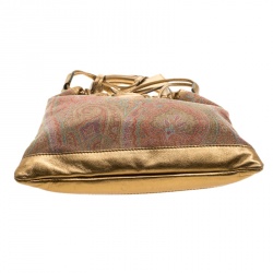 Pre Owned Etro Gold Paisley Printed Fabric and Leather Drawstring Shopper Tote