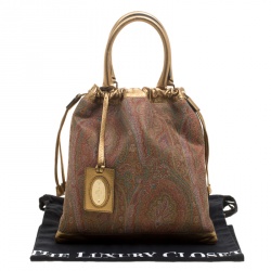 Pre Owned Etro Gold Paisley Printed Fabric and Leather Drawstring Shopper Tote