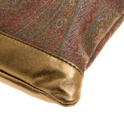 Pre Owned Etro Gold Paisley Printed Fabric and Leather Drawstring Shopper Tote